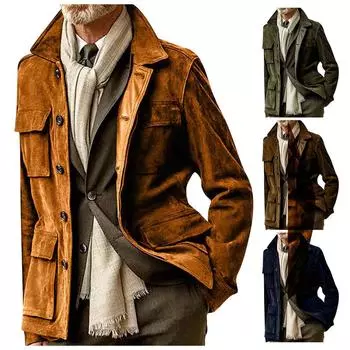 Мужская весенняя тонкая повседневная модная свободная однобортная куртка с лацканами L зелёный