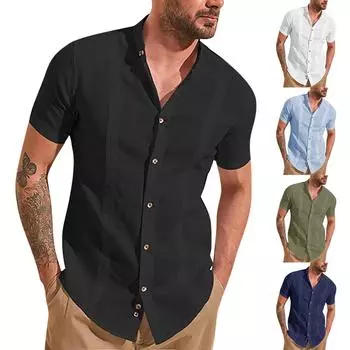 Мужская весна лето повседневная мода хлопок белье сплошной цвет с лацканами с коротким рукавом XXXL чёрный