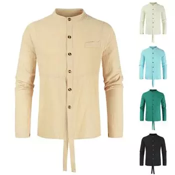 Мужская весна лето повседневная мода хлопок лен однотонный круглый вырез с длинным рукавом XL