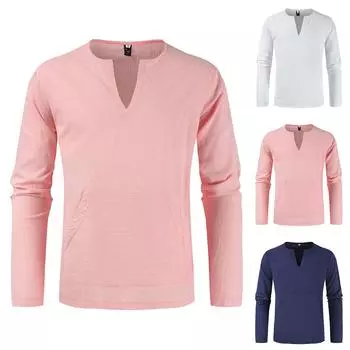 Мужская весна лето повседневная мода хлопок лен однотонный круглый вырез с длинным рукавом L тёмно-синий