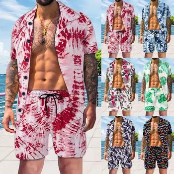 Мужская весна-лето, повседневная модная Гавайская тропическая пляжная рубашка с короткими рукавами и шортами на пуговицах, комплект M небесно-голубой