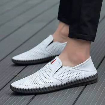 Мужская весна-осень 2024 Кожаные мокасины Мягкие повседневные туфли Удобные туфли на плоской подошве Белые дышащие туфли 6 чёрный