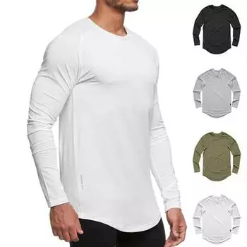 Мужская весна-осень футболка с круглым вырезом и длинными рукавами, однотонная, быстросохнущая, эластичный пуловер средней длины, повседневный повседневный спортивный топ M белый