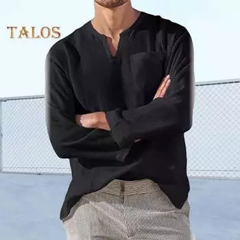 Мужская весна-осень футболка с V-образным вырезом однотонного цвета с длинными рукавами нагрудный карман пуловер средней длины повседневная одежда повседневная офисная верхняя спортивная одежда 3XL чёрный