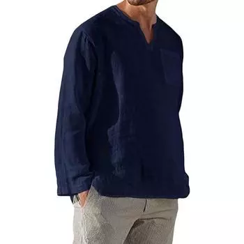 Мужская весна-осень футболка с V-образным вырезом однотонного цвета с длинными рукавами нагрудный карман пуловер средней длины повседневная одежда повседневная офисная верхняя спортивная одежда M белый