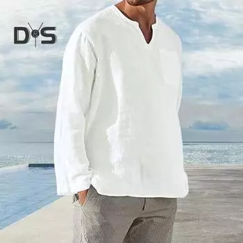 Мужская весна-осень футболка с V-образным вырезом однотонного цвета с длинными рукавами нагрудный карман пуловер средней длины повседневная одежда повседневная офисная верхняя спортивная одежда 3XL белый