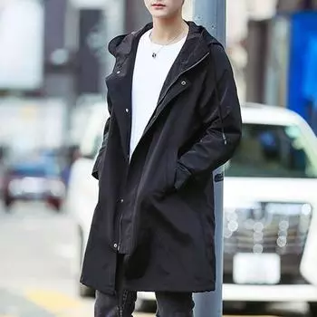 Мужская ветровка больших размеров средней длины с капюшоном, свободные топы больших размеров, мужское пальто на весну и осень L чёрный