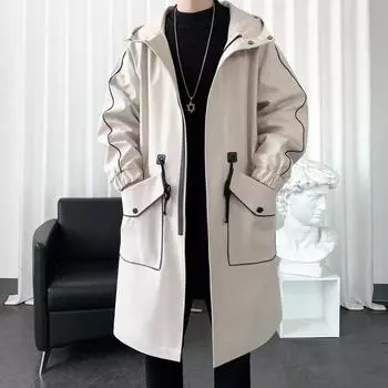 Мужская ветровка большого размера, весеннее пальто с капюшоном, повседневный свободный топ, однотонная удобная длинная куртка M бежевый