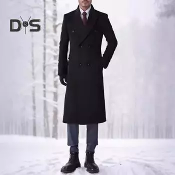 Мужская ветровка, костюм, воротник, длинный рукав, двубортное утолщенное шерстяное пальто, однотонный цвет, карманы, дизайн, верхняя одежда средней длины M чёрный