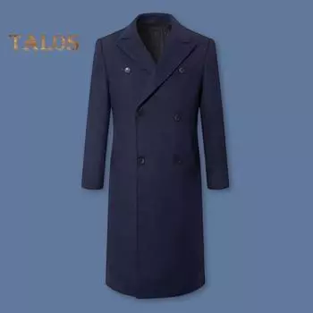 Мужская ветровка, костюм, воротник, длинный рукав, двубортное утолщенное шерстяное пальто, однотонный цвет, карманы, дизайн, верхняя одежда средней длины M чёрный