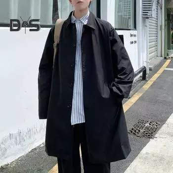 Мужская ветровка, пальто с лацканами, длинный рукав, двубортный тренчкот с карманами, однотонный, свободный крой, повседневная верхняя одежда средней длины M чёрный