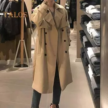 Мужская ветровка, пальто с лацканами, длинный рукав, двубортный, регулируемый пояс, тренчкот с карманами, однотонный, свободного кроя, верхняя одежда средней длины S чёрный