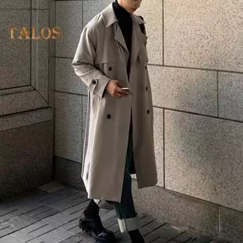 Мужская ветровка, пальто с лацканами, длинный рукав, двубортный тренчкот с карманами, однотонный свободный крой, осень-зима, средняя длина, верхняя одежда L хаки