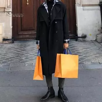 Мужская ветровка, пальто с лацканами, длинный рукав, двубортный, регулируемый пояс, тренчкот с карманами, однотонный, свободного кроя, верхняя одежда средней длины S чёрный