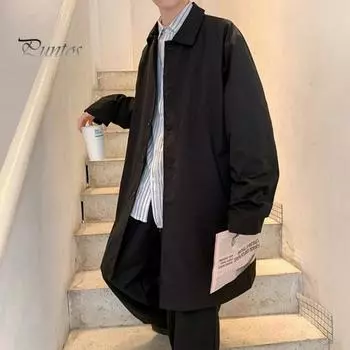 Мужская ветровка, пальто с лацканами, длинный рукав, двубортный тренчкот с карманами, однотонный, свободный крой, повседневная верхняя одежда средней длины M хаки