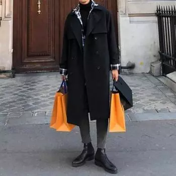 Мужская ветровка, пальто с лацканами, длинный рукав, двубортный, регулируемый пояс, тренчкот с карманами, однотонный, свободного кроя, верхняя одежда средней длины S чёрный