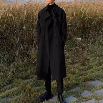 Мужская ветровка, пальто с лацканами, длинный рукав, двубортный тренчкот с карманами, однотонный свободный крой, осень-зима, средняя длина, верхняя одежда XXL хаки