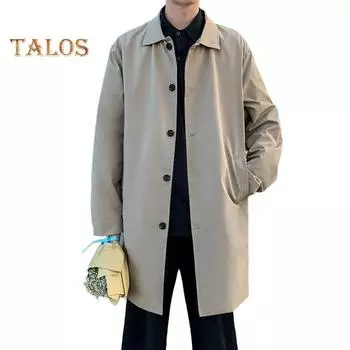 Мужская ветровка, пальто с лацканами, длинный рукав, двубортный тренчкот с карманами, однотонный, свободный крой, повседневная верхняя одежда средней длины M хаки