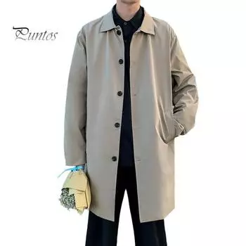 Мужская ветровка, пальто с лацканами, длинный рукав, двубортный тренчкот с карманами, однотонный, свободный крой, повседневная верхняя одежда средней длины M хаки