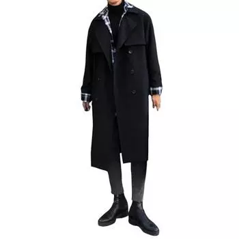 Мужская ветровка, пальто с лацканами, длинный рукав, двубортный, регулируемый пояс, тренчкот S чёрный