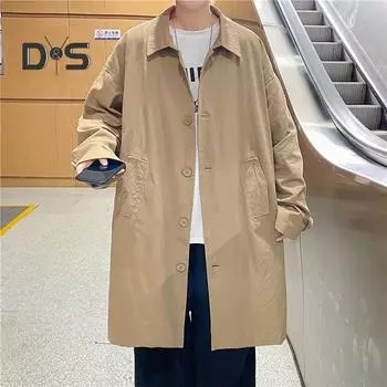 Мужская ветровка, пальто с лацканами, длинным рукавом, пуговицами, планкой, тренчкотом с карманами, однотонный свободный крой, верхняя одежда средней длины 2XL хаки