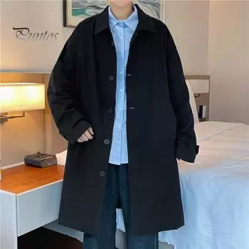 Мужская ветровка, пальто с лацканами, длинным рукавом, пуговицами, планкой, тренчкотом с карманами, однотонный свободный крой, верхняя одежда средней длины XL хаки