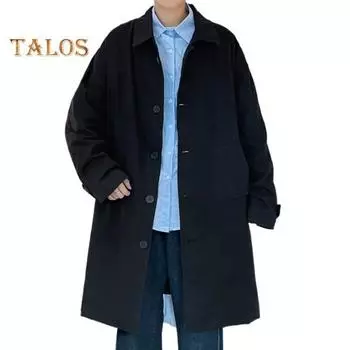 Мужская ветровка, пальто с лацканами, длинным рукавом, пуговицами, планкой, тренчкотом с карманами, однотонный свободный крой, верхняя одежда средней длины M чёрный