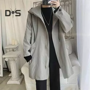 Мужская ветровка с капюшоном, длинным рукавом, застежкой-молнией, тренчкот с карманами, однотонная, свободного кроя, верхняя одежда средней длины M чёрный