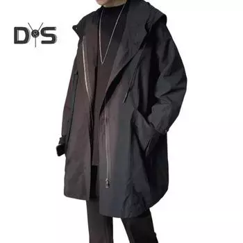 Мужская ветровка с капюшоном, длинным рукавом, застежкой-молнией, тренчкот с карманами, однотонная, свободного кроя, верхняя одежда средней длины L чёрный