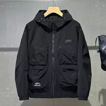 Мужская ветровка с капюшоном, красивая рабочая одежда, молодежная весенняя однотонная куртка больших размеров 12XL чёрный