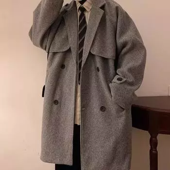 Мужская ветровка с лацканами, длинный рукав, двубортное повседневное пальто, осень-зима, средняя длина M чёрный