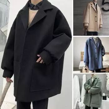 Мужская ветровка с лацканами, длинный рукав, куртка средней длины, однотонная, свободный крой, большие карманы, осень XL синий