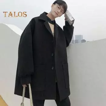 Мужская ветровка с лацканами, длинный рукав, куртка средней длины, однотонная, свободный крой, большие карманы, осенне-зимняя куртка, пальто L синий