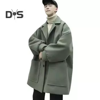 Мужская ветровка с лацканами, длинный рукав, куртка средней длины, однотонная, свободный крой, большие карманы, осенне-зимняя куртка, пальто M чёрный