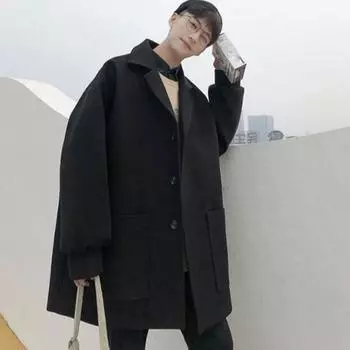 Мужская ветровка с лацканами, длинный рукав, куртка средней длины, однотонный цвет, свободный крой, большие карманы L синий