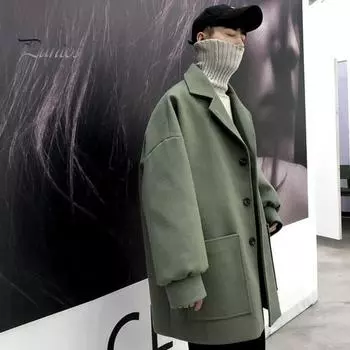 Мужская ветровка с лацканами, длинный рукав, куртка средней длины, однотонная, свободный крой, большие карманы, осенне-зимняя куртка, пальто L зелёный