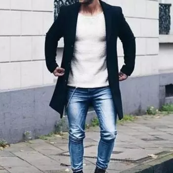 Мужская ветровка с лацканами, длинный рукав, однобортная, теплая верхняя одежда с карманами L темно-синий