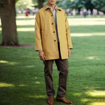 Мужская ветровка с лацканами, длинный рукав, однобортный длинный тренчкот с карманами, однотонное ветрозащитное пальто средней длины S хаки