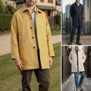 Мужская ветровка с лацканами, длинный рукав, однобортный длинный тренчкот с карманами, однотонный S хаки