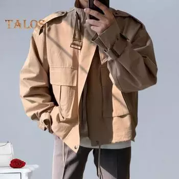 Мужская ветровка с лацканами, длинный рукав, однотонная куртка с застежкой-молнией, большие карманы, подол на шнурке, повседневная верхняя одежда M хаки