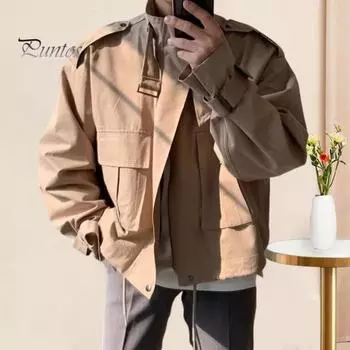 Мужская ветровка с лацканами, длинный рукав, однотонная куртка с застежкой-молнией, большие карманы, подол на шнурке, повседневная верхняя одежда M хаки