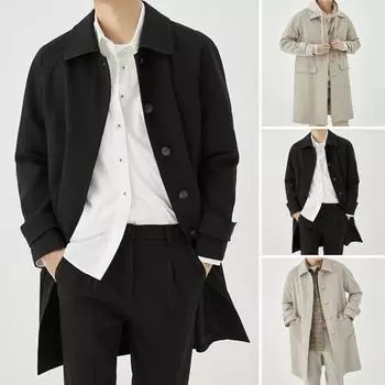 Мужская ветровка с лацканами, длинный рукав, повседневное пальто, осень-зима, средняя длина, верхняя одежда, однотонное свободное покрой, повседневное рабочее пальто с карманами M хаки