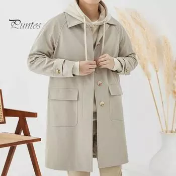 Мужская ветровка с лацканами, длинный рукав, повседневное пальто, осень-зима, средняя длина, верхняя одежда, однотонное свободное покрой, повседневное рабочее пальто с карманами L чёрный