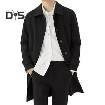 Мужская ветровка с лацканами, длинный рукав, повседневное пальто, осень-зима, средняя длина, верхняя одежда, однотонное свободное покрой, повседневное рабочее пальто с карманами M чёрный