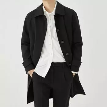 Мужская ветровка с лацканами и длинным рукавом, повседневное пальто, осень-зима, средняя длина, верхняя одежда, однотонный цвет M чёрный
