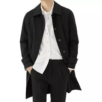 Мужская ветровка с лацканами и длинным рукавом, повседневное пальто, осень-зима, средняя длина, верхняя одежда, однотонный цвет M чёрный