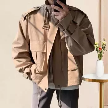 Мужская ветровка Yousheng, однотонная куртка с длинным рукавом, застежка-молния, большие карманы, подол на шнурке, повседневная верхняя одежда M хаки
