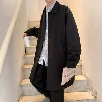 Мужская ветровка Yousheng, пальто с лацканами, длинный рукав, двубортный тренчкот с карманами, однотонная свободная посадка, повседневная верхняя одежда средней длины M чёрный