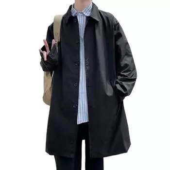 Мужская ветровка Yousheng, пальто с лацканами, длинный рукав, двубортный тренчкот с карманами, однотонная свободная посадка, повседневная верхняя одежда средней длины M чёрный