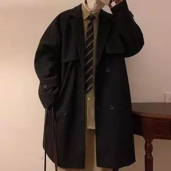 Мужская ветровка Yousheng с лацканами, с длинным рукавом, двубортное повседневное пальто, осенне-зимняя верхняя одежда средней длины, однотонное шерстяное пальто свободного кроя с карманами M серый